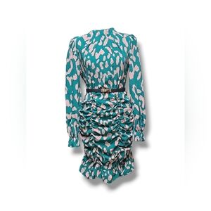 Elegant Teal Green and Light Cream Patterned Dress